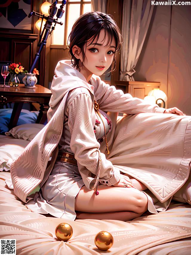 A woman sitting on top of a bed next to a lamp.