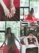 A collage of photos of a woman in a red dress.