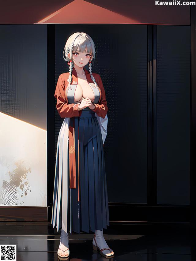 A woman in a long dress standing in front of a door.