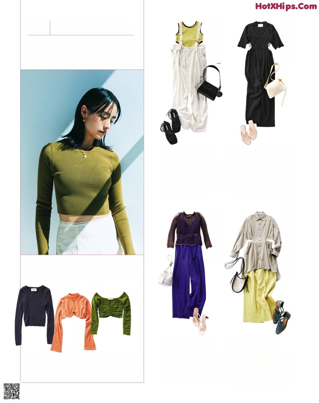 A magazine spread with a woman in a green sweater and white pants.