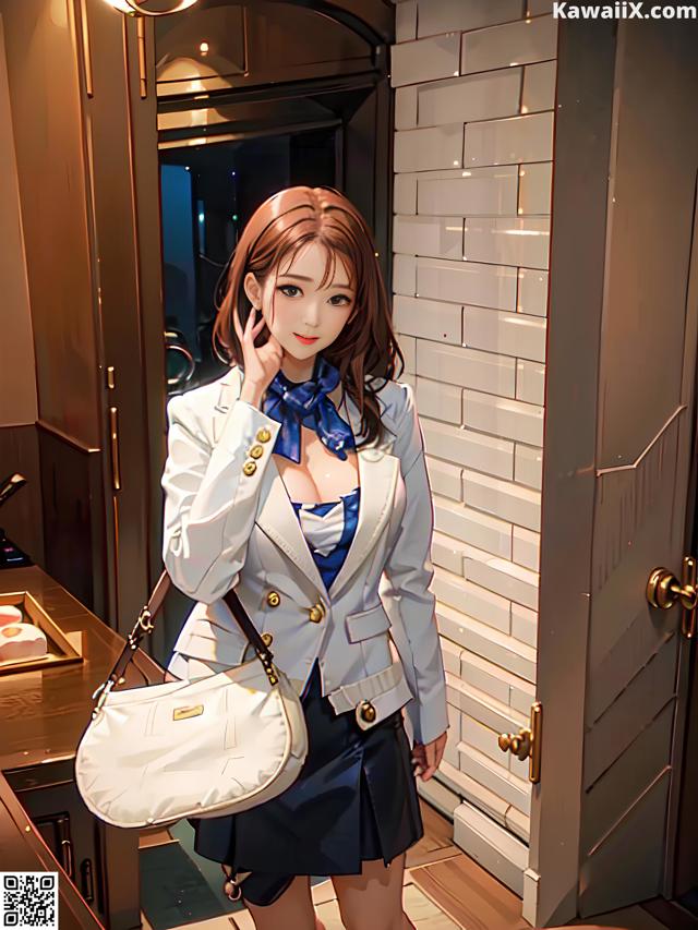 A woman in a white jacket and blue skirt talking on a cell phone.