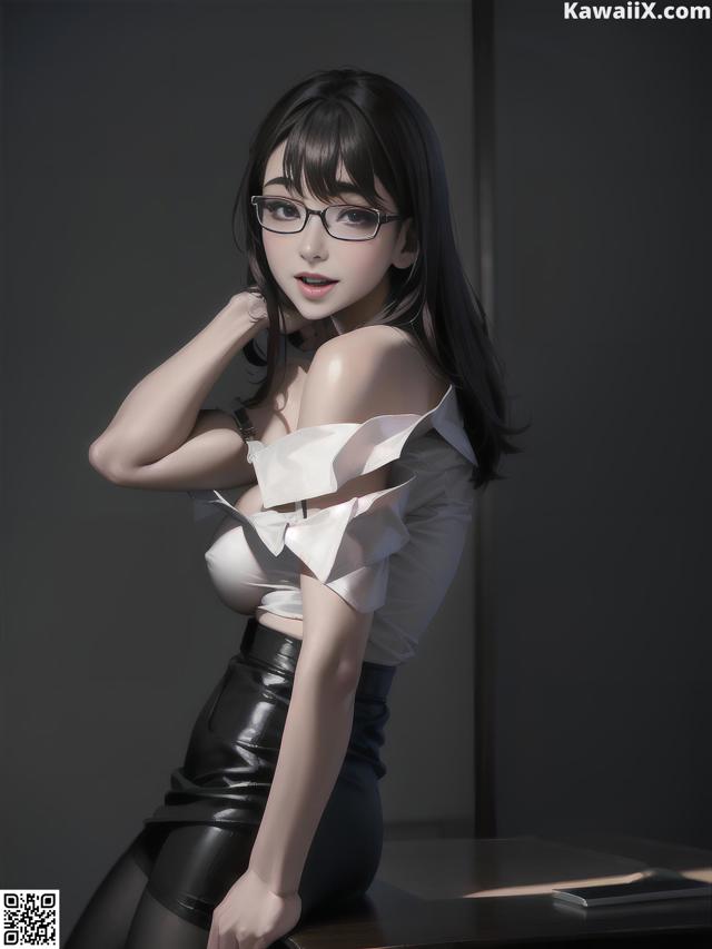 A woman in a white shirt and black skirt posing for a picture.