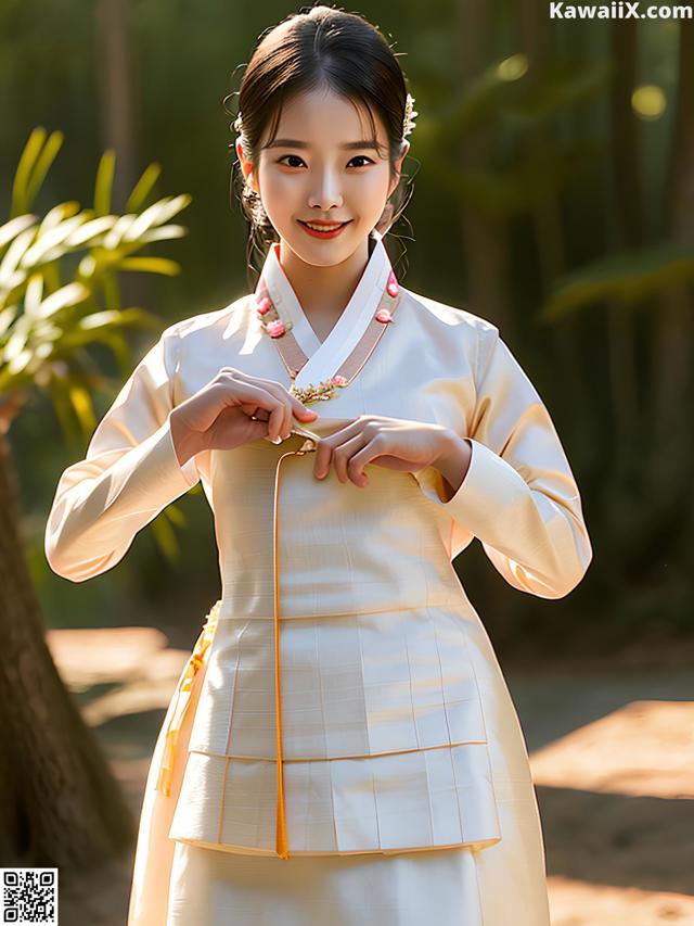 A woman in a white and yellow hanbok is posing for a picture.