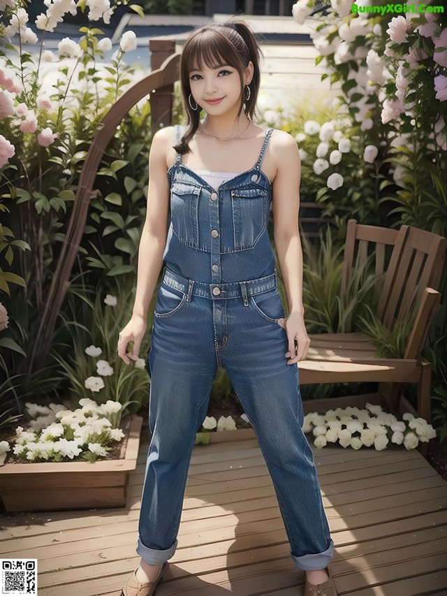 A woman in a denim jumpsuit posing for a picture.