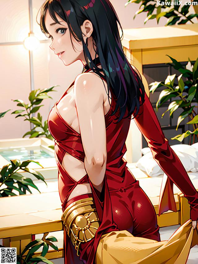 A woman in a red dress sitting on a bed.