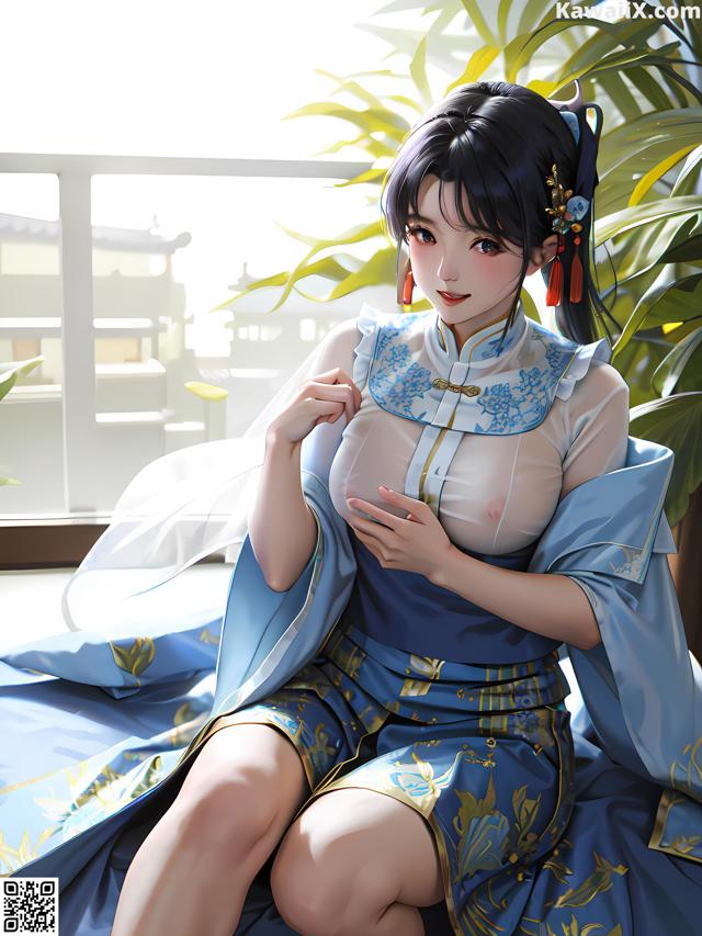 A woman in a blue and white kimono sitting on a bed.